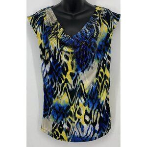 Style & Co Women Top Size Large Blue Yellow Beaded Cowl Neck Pullover Cap Sleeve